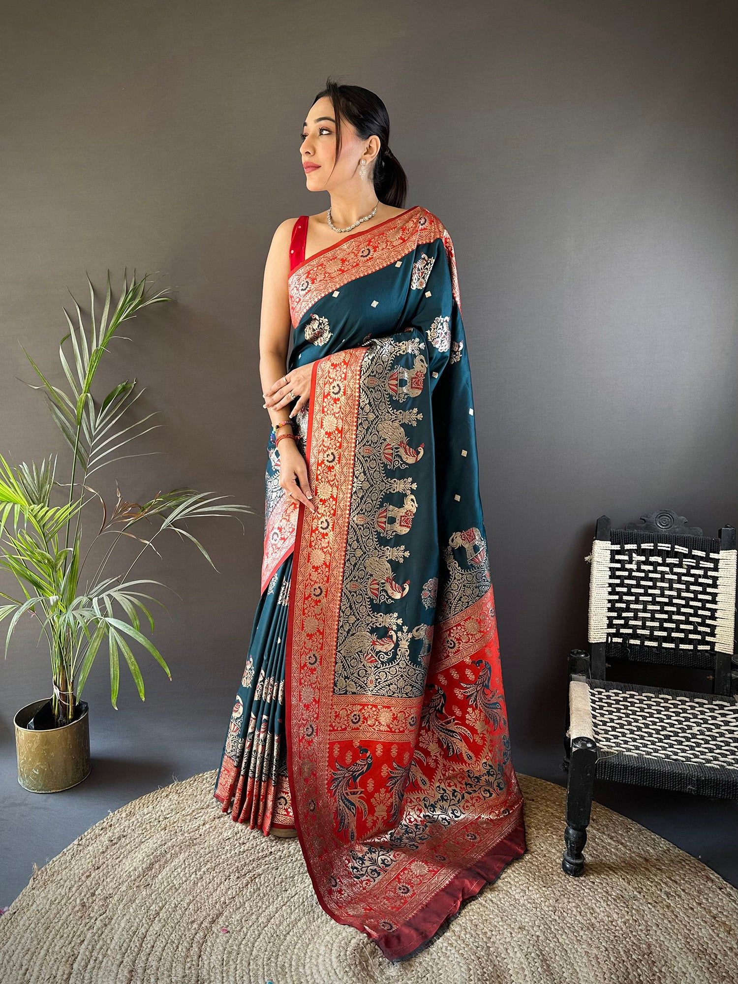 Dark Teal Silk Paithani Saree with Meenakari Peacock Zari