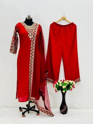 Heavy Vachitra Silk Neck Embroidery kodi work Party wear Suit-Red / M(38)