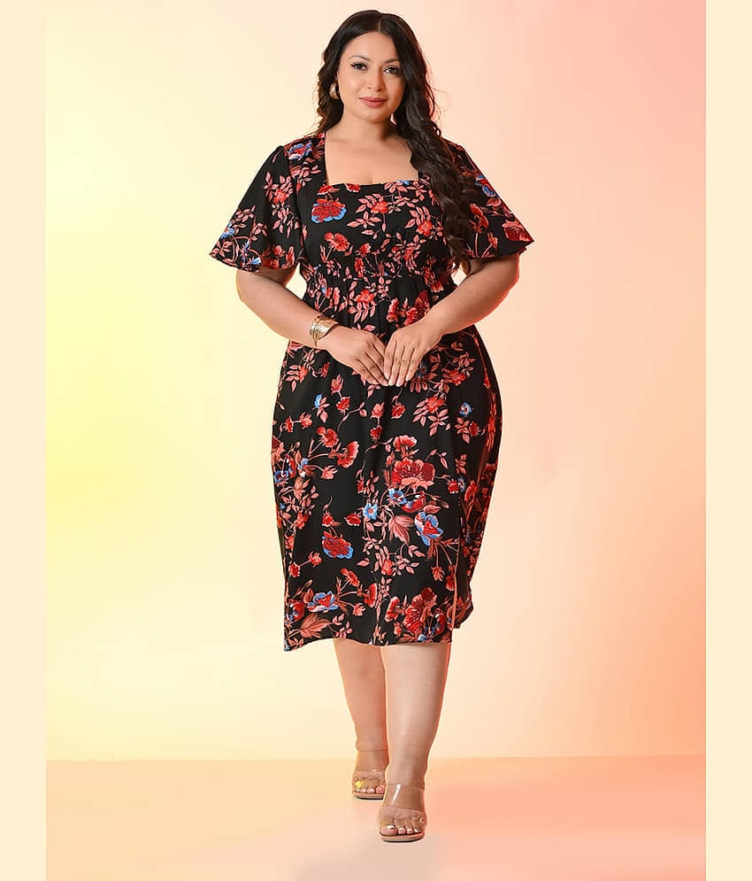 PrettyPlus by Desinoor.com Women Crepe Printed Fit & Flare Dress ( Black )