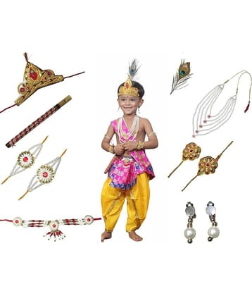 Kaku Fancy Dresses Krishna Costume for Kids Infant Baby Krishna Dress for Boys (Set of 11 - Magenta Dhoti, Patka(Stole), Belt, Mukut, 5 Layer Pearl Mala, Bajuband, Earrings, Bansuri & Morpankh)