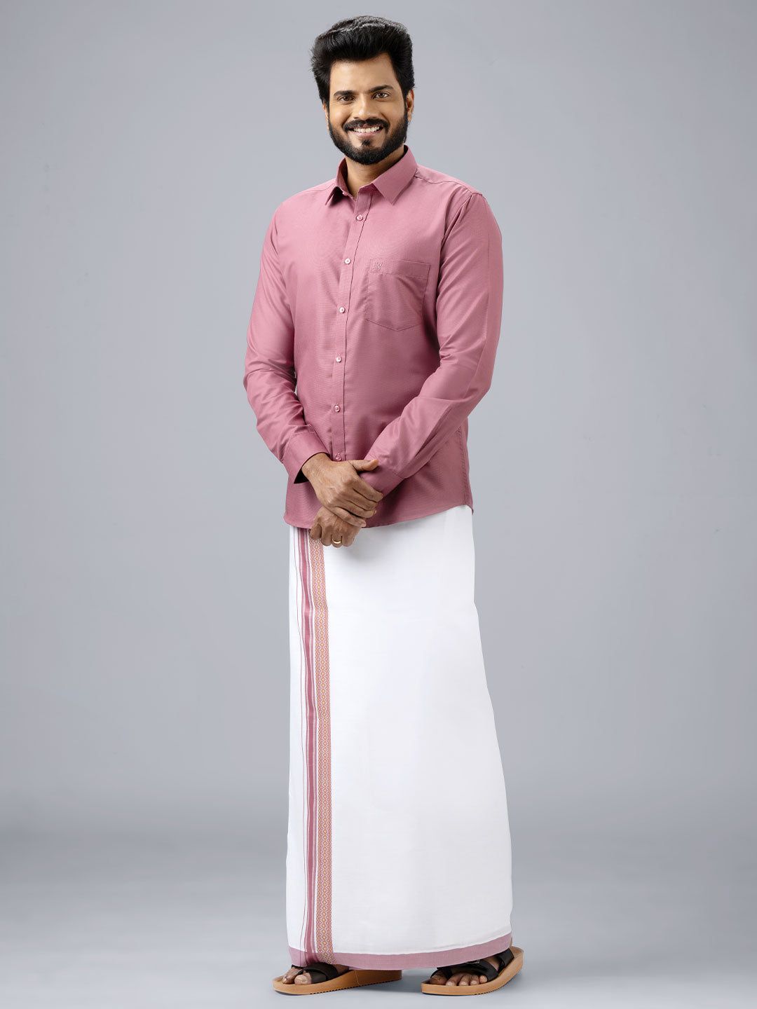 Men's Cotton Dark Pink Matching Shirt with Fancy Printed Border Dhoti Combo Luster Trend-36 / H/S