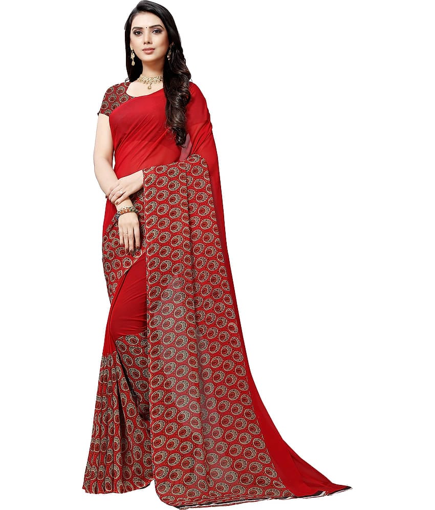 Kashvi Sarees Georgette Printed Saree With Unstitched Blouse Piece ( Red )