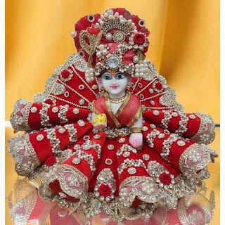 Premium Red Laddu Gopal Poshak with Turban l Heavy Embroidered Thakurji Dress in cone design