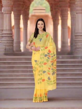 Light Yellow Soft Cotton Floral Printed Saree