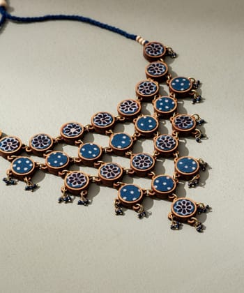 Blue ajrakh upcycled fabric repurposed wood necklace