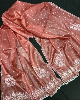 Bold Pure Tussar Silk Dupatta Peach Chikankari & Crochet
