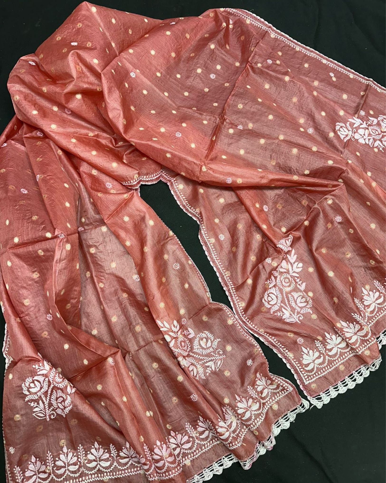 Bold Pure Tussar Silk Dupatta Peach Chikankari & Crochet