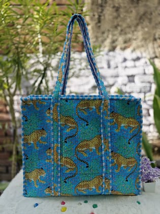 Handblock Printed Quilted Tote Bag with concealed zip ( 17x18x 6 inches)