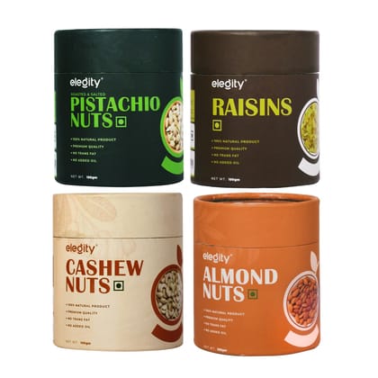 ELEGITY Dry Fruit Combo Pack | Jumbo California Almonds, Pistachios, W210 Cashew, Green Raisins (100 gm each) | 100% Natural, No Added Preservatives | Nutritious Snacks - Pack of 4 ELEGITY Dry Fruit Combo Pack | Jumbo California Almonds, Pistachios, W210 Cashew, Green Raisins (100 gm each) | 100% Natural, No Added Preservatives | Nutritious Snacks - Pack of 4