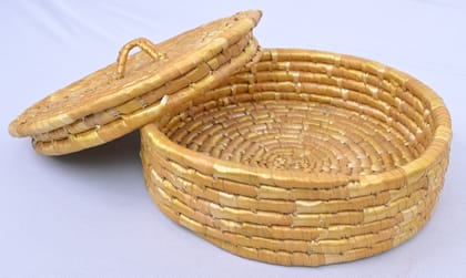 Golden Wheatgrass Handwoven Roti Basket with Lid