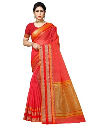 Generic Women's Kota Doria Cotton Border Saree with Blouse (Pink, 5 - 6 Mtrs)