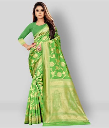 Gazal Fashions Banarasi Silk Printed Saree With Unstitched Blouse Piece ( Green )