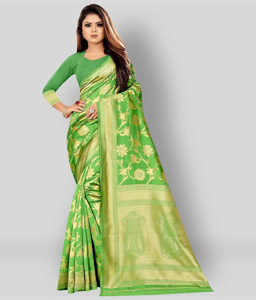 Gazal Fashions Banarasi Silk Printed Saree With Unstitched Blouse Piece ( Green )