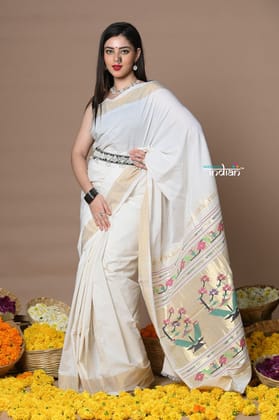 Rajsi Topselling~Handloom Pure Cotton Paithani With Asawali Pallu~ Off White Golden
