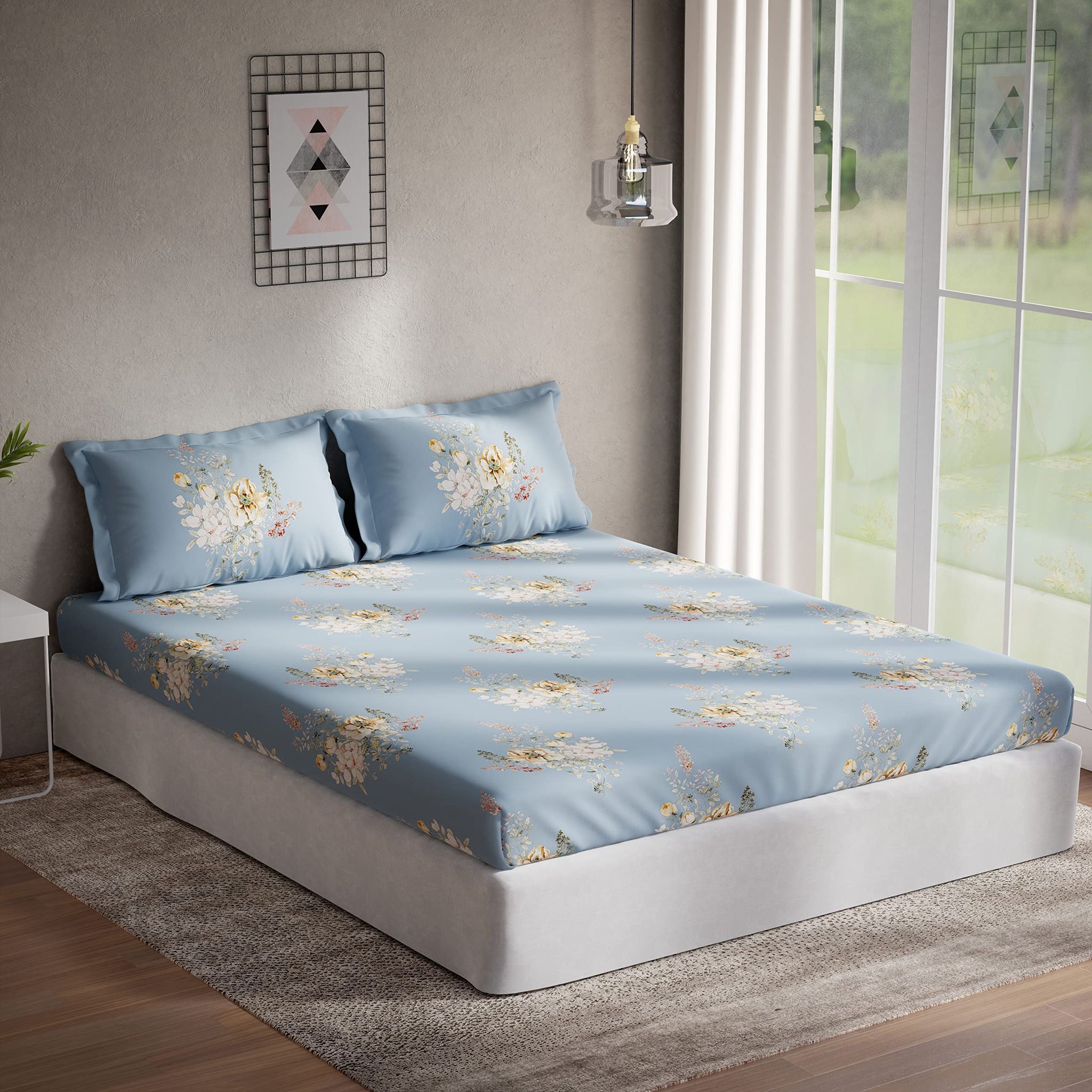 DDECOR - Optima Collection 100% Cotton Floral Pattern 136TC Queen Bedsheet |224 CM X 254 CM| with 2 Pillow Covers - Blue