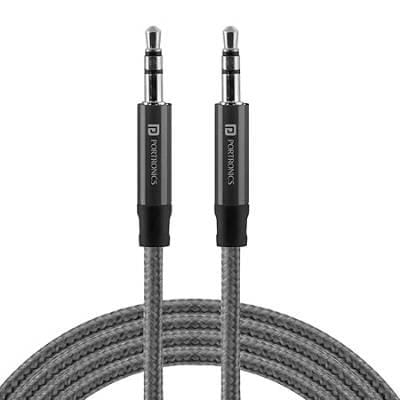 Portronics Aux 5 Stereo Audio Aux Cable 3.5mm Metal Connectors, Nylon Braided, Universal Compatibility- 1.5m (Grey) Portronics Aux 5 Stereo Audio Aux Cable 3.5mm Metal Connectors, Nylon Braided, Universal Compatibility- 1.5m (Grey)