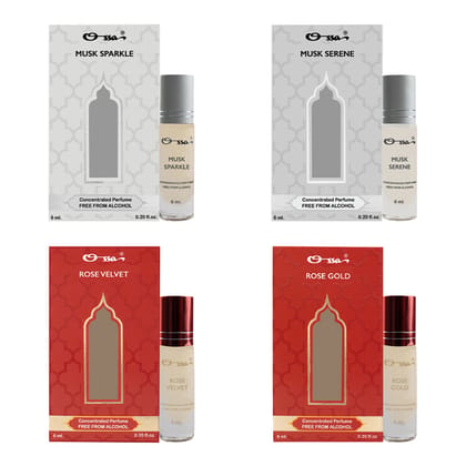 OSSA MUSK SPARKLE & SERENE, ROSE VELVET & GOLD CONCENTRATED PERFUMES (PACK OF 4)