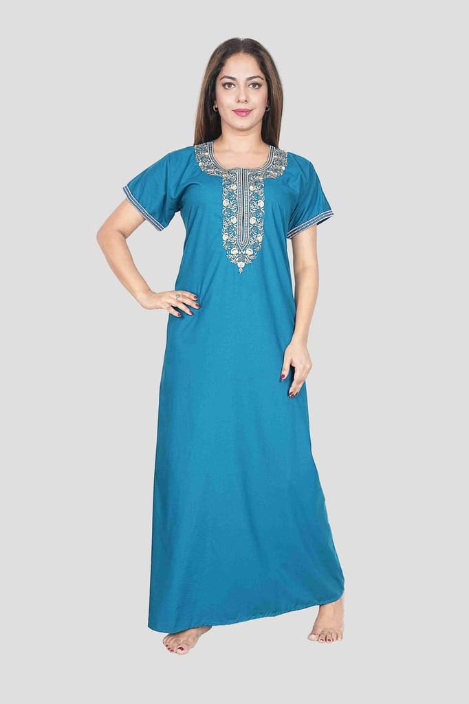 New Women Luxury Women’s Nighty – Plain Bizzy Lizzy Fabric with Stylish Neck Embroidery Night Go