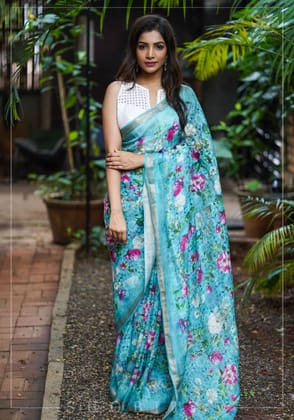 Blue Silk Linen Saree with Floral Digital Print
