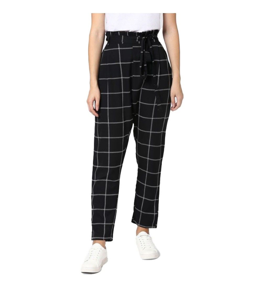Womens Polyester Checkered Elasticated Trousers Size 34 (Black - White)
