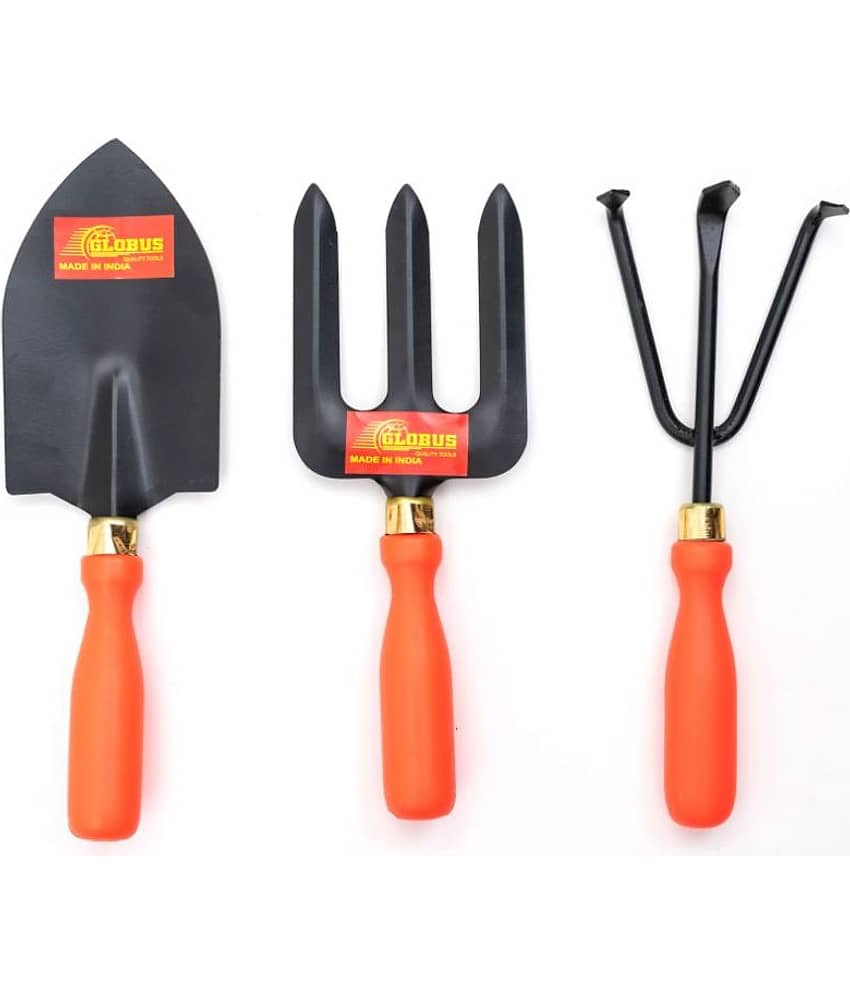 GLOBUS STEEL GARDEN TOOL SET/3 PCS ( BIG TROWEL, WEEDER FORK AND HAND CULTIVATOR ) ORANGE COLOUR PLASTIC HANDLE