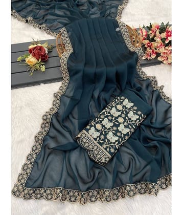 Gullak Chiffon Printed Saree With Unstitched Blouse Piece ( Navy Blue )