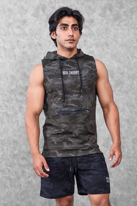 Camo Sleeveless Hoodie- Olive-XXL
