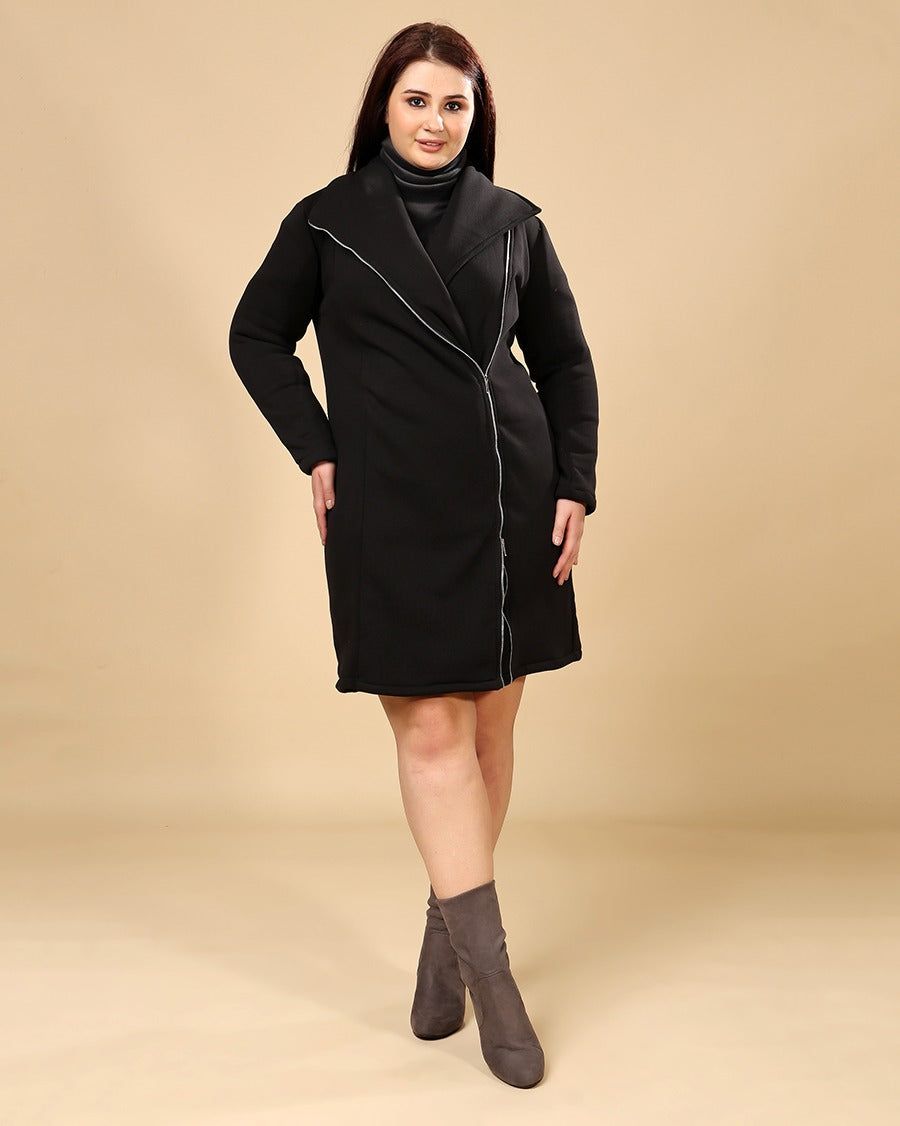 Black Solid Ziip Up Overcoat-L / Black