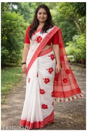 Traditional Shantipur Handloom Saree with Jaba Flower Motifs - White and Red Traditional Shantipur Handloom Saree with Jaba Flower Motifs - White and Red