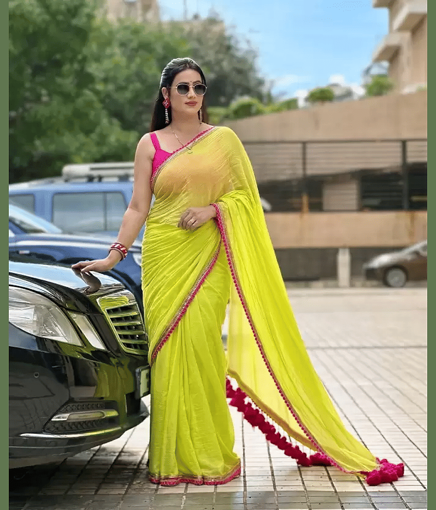 BLEESBURY Georgette Solid Saree With Unstitched Blouse Piece ( Lime Green )