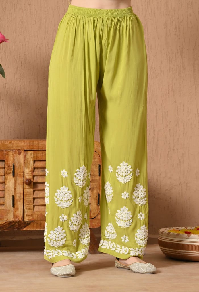 Hand Embroidered Chikankari Modal Plazo Set with 3D Floral Work-Sea Green