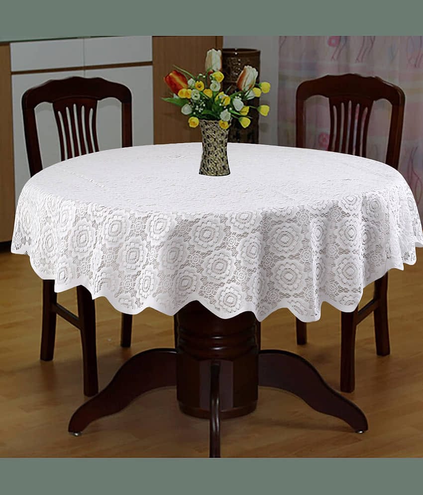 Self Design Cotton 4 Seater Round Table Cover ( 152 x 152 ) cm Pack of 1 Off White