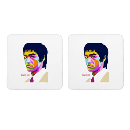 Multicolor Bruce Lee Art Set Of 2 Square Wooden Coaster