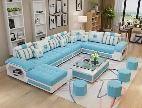 Starlet Furniture U Shape Latest Model Attractive Sectional Sofa Set Couch 12 Seater for Living Room, Set U Pholsterysuede Fabric, Color Sky Blue