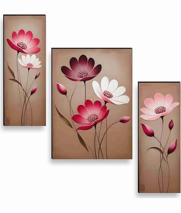 SAF 3D Effect Pink Floral Wall Art – 3 Panel Modern Blossom Painting on Beige Background for Hall, Office & Elegant Home Décor 12 Inch x 20 Inch