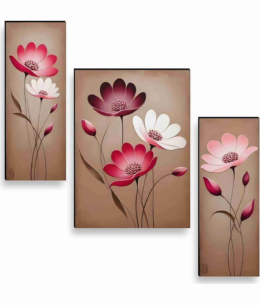 SAF 3D Effect Pink Floral Wall Art – 3 Panel Modern Blossom Painting on Beige Background for Hall, Office & Elegant Home Décor 12 Inch x 20 Inch