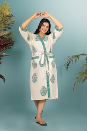 Luxury Waffle Cotton Bathrobe – Unisex | Handblock Printed | Free Size