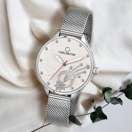 Carlington Elite Ladies Self Adjustable Mesh Strap Water Resistant Analog Watch - For Women CT2020-Silver