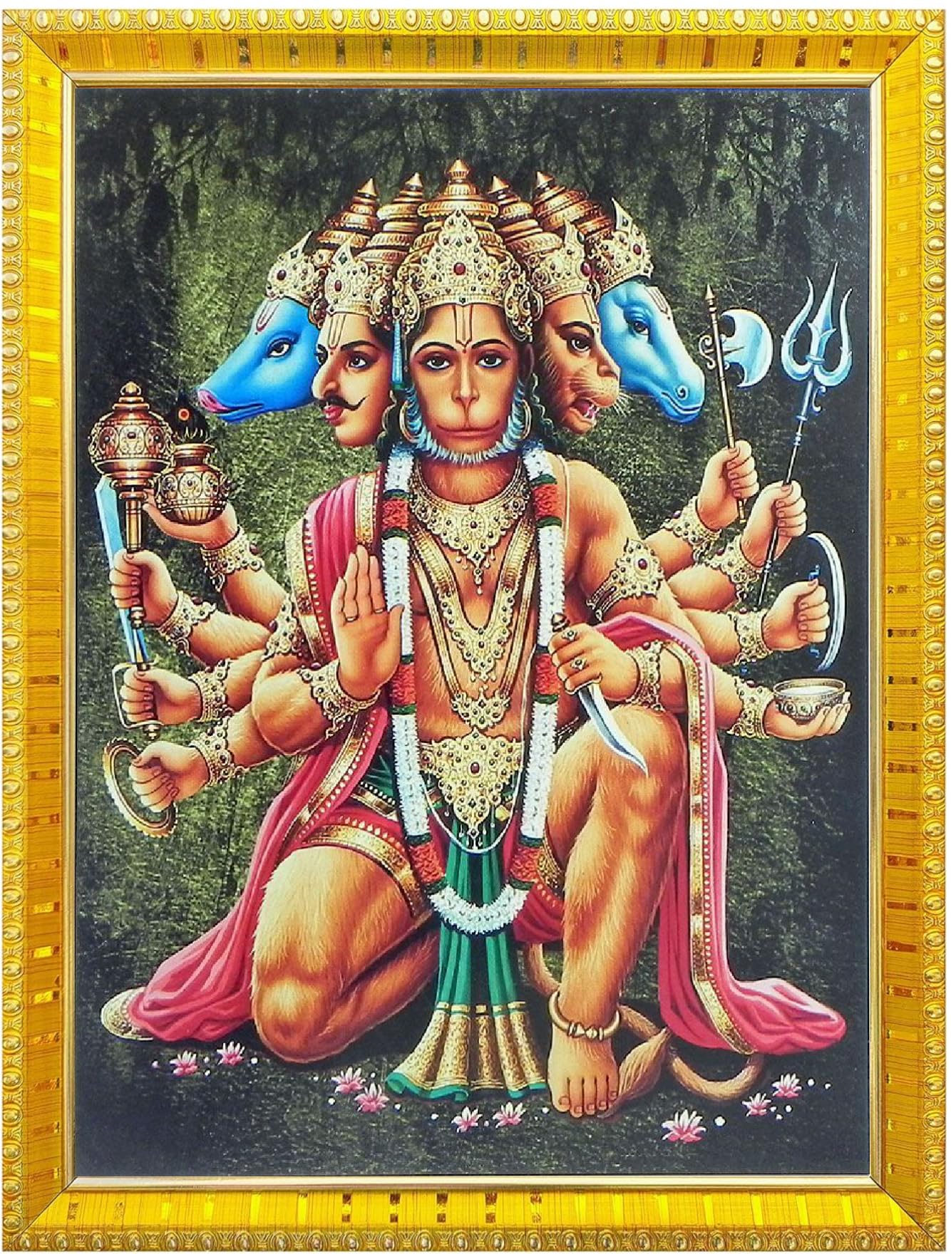 NOKKES 5 Mukhi Hanuman Ji Panchmukh hanuman ji Golden 5X7 Inch Photo Frame_AQW12