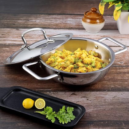 NSVL Triply Stainless Steel Cookware Kadai With Lid - 2.5 mm Thick Extra Deep Kadhai/Kadai for Cooking/Induction Bottom, Gas Base-20 CM (1.8 LTR)