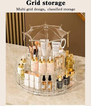 Plastic Multi Purpose Umbrella-Shaped 360° Round Dust-Proof Transparent 2-Layer Rotating Cosmetic Organizer For Brush / Make Up / Cosmetic / Lipstick / Perfume / Skincare / Make Up Organiser Rack Stand - Transparent
