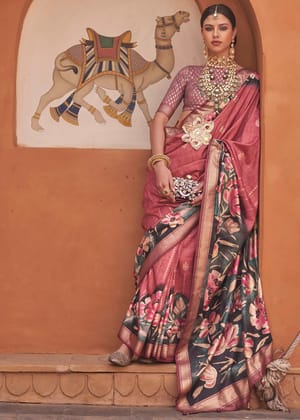 Mauve pink Soft Silk Saree With Flowery Print