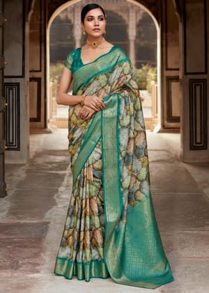 Teal Green Woven Banarasi Silk Saree With Digital Print