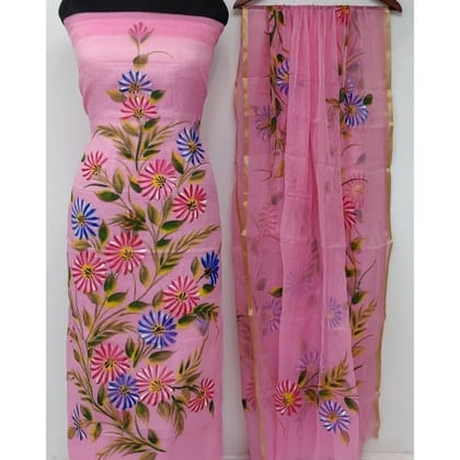 Handpainted Melodic Kota Doria Pink Suit (Top & Dupatta)