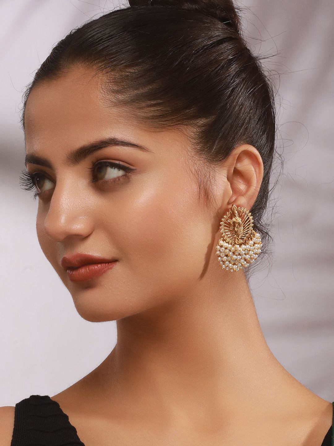 Gold Plated Perarls Beaded Shri krishna Designer large Studds earring