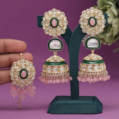 Pink Color Kundan Earrings With Maang Tikka (KDTE555PNK)-Length: 9.00 CM x Width: 3.50 CM / Pink / Alloy With Good Quality Gold Plated