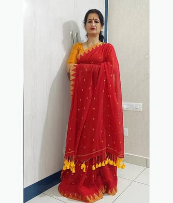SARADA HANDLOOM Cotton Printed Saree With Unstitched Blouse Piece ( Red )