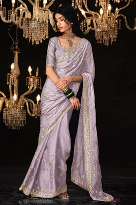 Purple Embroidered Organza Silk Saree