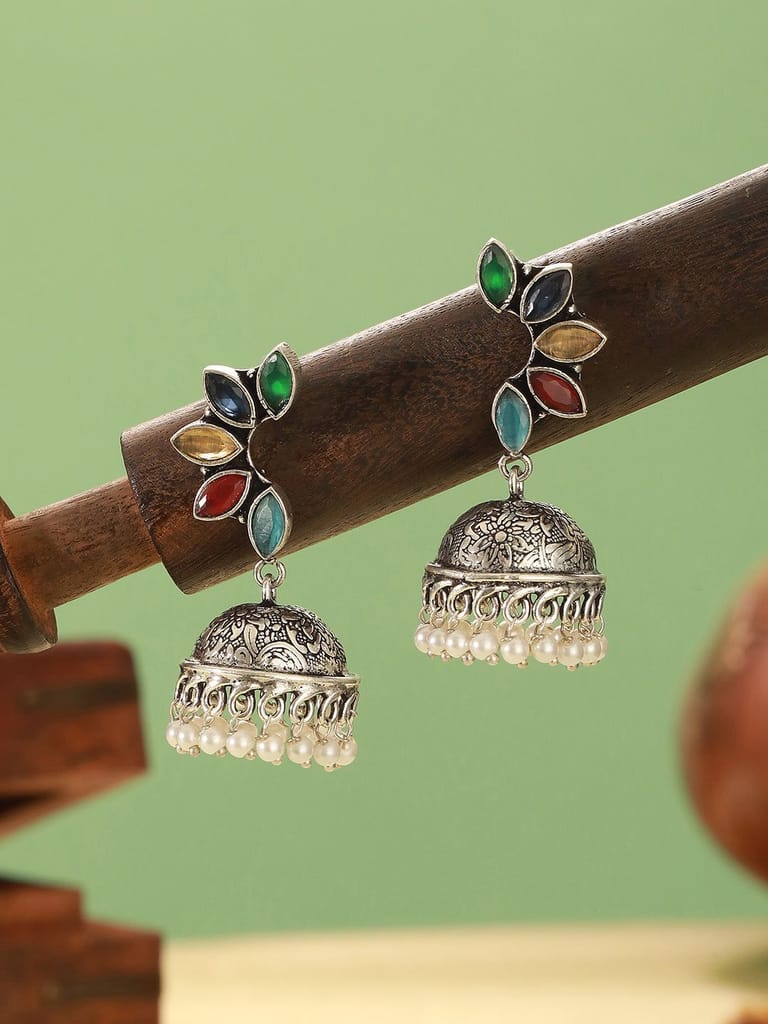 Oxidised Silver Toned Multicolored Handcrafted C Shaped Dangler Minimal Jhumka Earrings - Earrings | Buy online on ZillyBuy