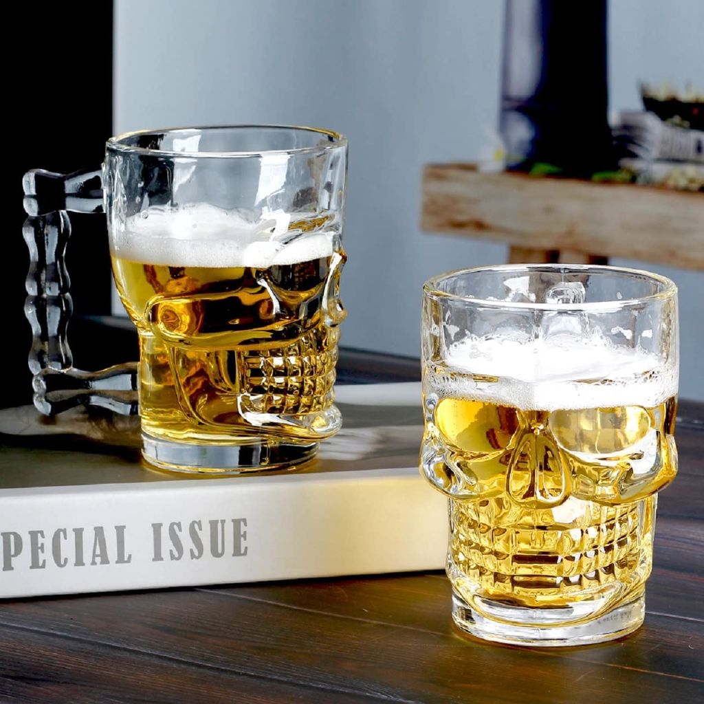 Skull Glass Beer Mug with Handle, Heavy Base Funny Beer Stein Cup Clear Drinking Glasses for Whisky, Wine, Juice, Bar, Halloween Decorations Gifts (510 ML)